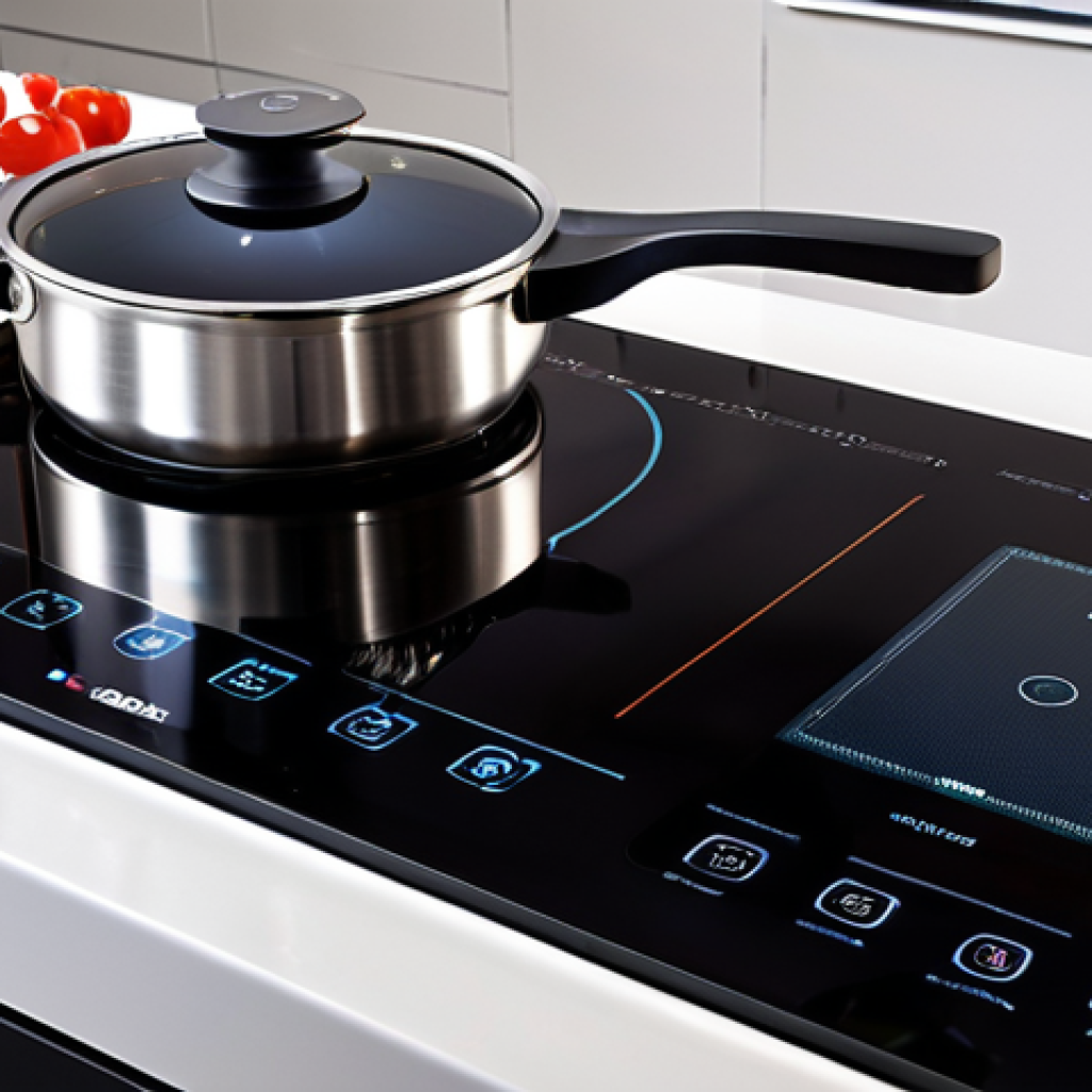 **

A modern kitchen with a smart induction cooker. Focus on the touch control panel and digital display. Show someone safely cooking with it.

**