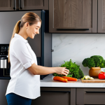 A professional woman in a modest business casual outfit, standing in a bright, modern smart kitchen. She is gracefully placing fresh, vibrant vegetables into a sleek smart air fryer, its digital display showing a healthy cooking program. In the background, a large touchscreen smart refrigerator shows a digital grocery list, and a plate of perfectly prepared, healthy food sits on a spotless, contemporary countertop. The scene emphasizes a healthy lifestyle and the ease of preparing nutritious meals. fully clothed, appropriate attire, safe for work, perfect anatomy, correct proportions, natural pose, well-formed hands, proper finger count, natural body proportions, professional photography, high quality, family-friendly.