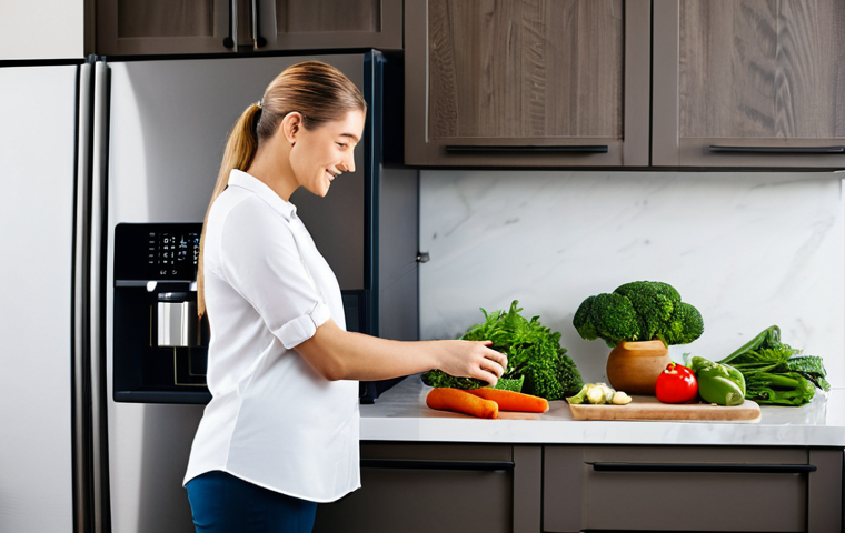 A professional woman in a modest business casual outfit, standing in a bright, modern smart kitchen. She is gracefully placing fresh, vibrant vegetables into a sleek smart air fryer, its digital display showing a healthy cooking program. In the background, a large touchscreen smart refrigerator shows a digital grocery list, and a plate of perfectly prepared, healthy food sits on a spotless, contemporary countertop. The scene emphasizes a healthy lifestyle and the ease of preparing nutritious meals. fully clothed, appropriate attire, safe for work, perfect anatomy, correct proportions, natural pose, well-formed hands, proper finger count, natural body proportions, professional photography, high quality, family-friendly.