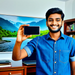 Smartphone Photography Success**

"A young Bengali man, শুভ (Shuvo), smiling confidently while holding up a smartphone displaying a stunning landscape photo. He is standing in a modern, brightly lit home office, fully clothed in a casual shirt and jeans. Background features a laptop and photography books. safe for work, perfect anatomy, natural proportions, high-resolution, professional photography, appropriate content, fully clothed, modest, family-friendly"

**