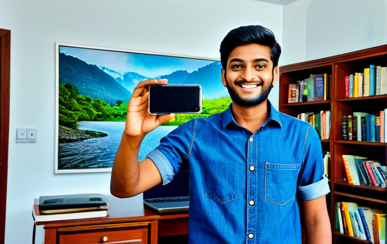 Smartphone Photography Success**
"A young Bengali man, শুভ (Shuvo), smiling confidently while holding up a smartphone displaying a stunning landscape photo. He is standing in a modern, brightly lit home office, fully clothed in a casual shirt and jeans. Background features a laptop and photography books. safe for work, perfect anatomy, natural proportions, high-resolution, professional photography, appropriate content, fully clothed, modest, family-friendly"
**