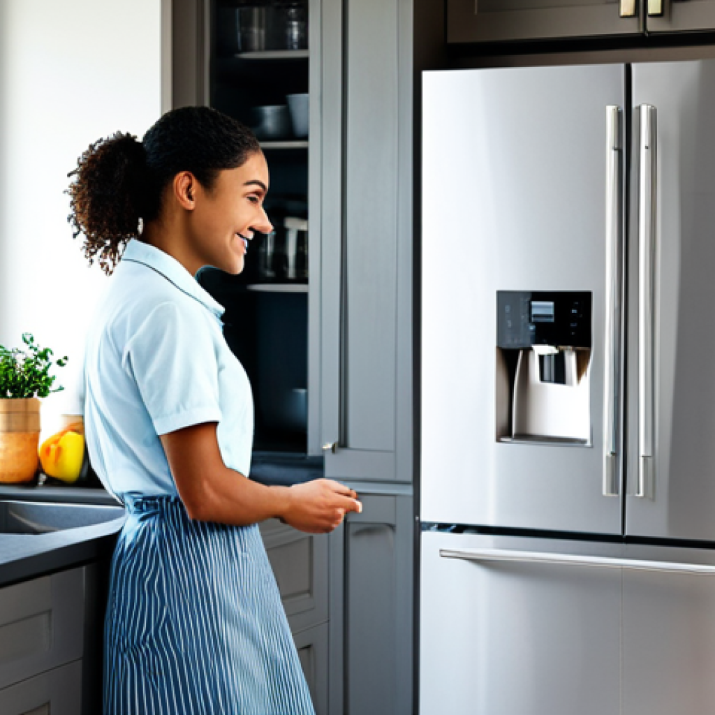 **
"A bright, modern, and smart kitchen in a home setting. A fully clothed woman is interacting with a smart refrigerator. Modest clothing, appropriate attire. The scene includes smart appliances such as a smart oven and blender. The kitchen is well-organized with reusable containers visible. Safe for work, appropriate content, professional, perfect anatomy, correct proportions, natural pose, high quality."
**