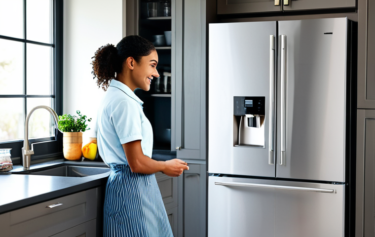 **
"A bright, modern, and smart kitchen in a home setting. A fully clothed woman is interacting with a smart refrigerator. Modest clothing, appropriate attire. The scene includes smart appliances such as a smart oven and blender. The kitchen is well-organized with reusable containers visible. Safe for work, appropriate content, professional, perfect anatomy, correct proportions, natural pose, high quality."
**