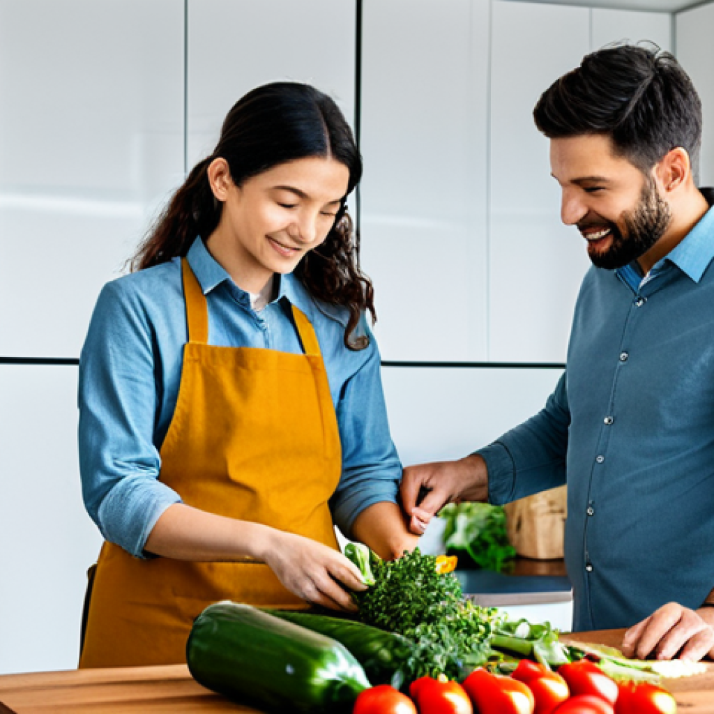 **
"A family working together in a modern, smart kitchen. The father is chopping vegetables, the mother is preparing spices, and their child is looking at a recipe on a large screen. The kitchen features smart appliances like a smart oven and refrigerator. Everyone is fully clothed in appropriate, modest attire. Safe for work, family-friendly, professional setting, perfect anatomy, correct proportions, natural pose."
**