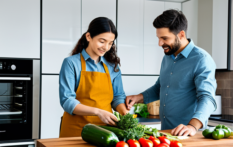 **

"A family working together in a modern, smart kitchen. The father is chopping vegetables, the mother is preparing spices, and their child is looking at a recipe on a large screen. The kitchen features smart appliances like a smart oven and refrigerator. Everyone is fully clothed in appropriate, modest attire. Safe for work, family-friendly, professional setting, perfect anatomy, correct proportions, natural pose."

**