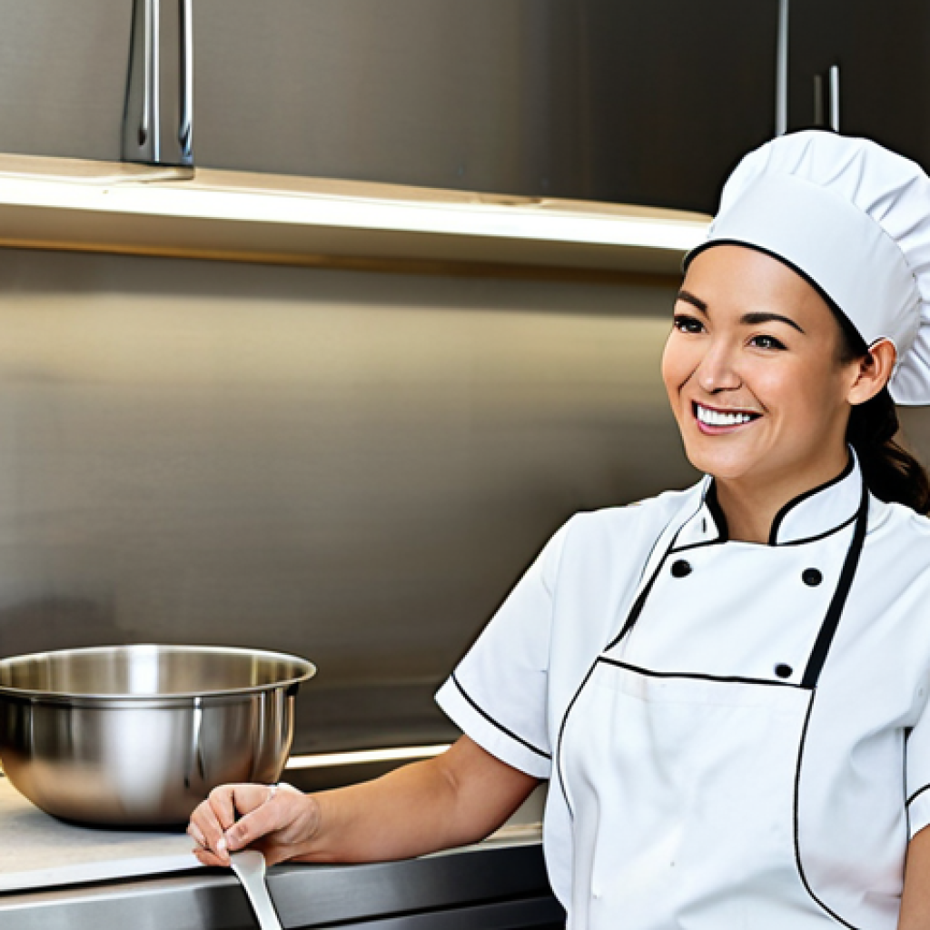 **
A professional woman chef in a modern, stainless steel kitchen. She is fully clothed in a chef's uniform, wearing an apron and a neat chef's hat. She is smiling and holding a whisk over a mixing bowl, preparing a cake. The kitchen is well-lit, clean, and features various cooking utensils. Safe for work, appropriate content, fully clothed, professional, perfect anatomy, correct proportions, natural pose, high quality.
**