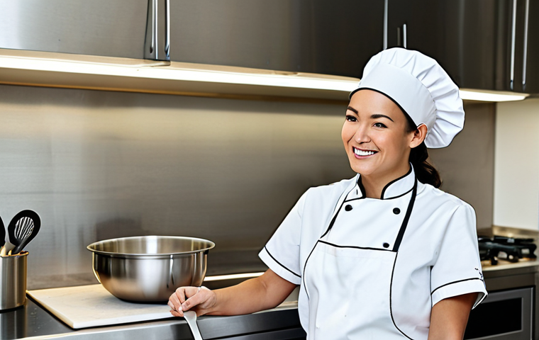 **
A professional woman chef in a modern, stainless steel kitchen. She is fully clothed in a chef's uniform, wearing an apron and a neat chef's hat. She is smiling and holding a whisk over a mixing bowl, preparing a cake. The kitchen is well-lit, clean, and features various cooking utensils. Safe for work, appropriate content, fully clothed, professional, perfect anatomy, correct proportions, natural pose, high quality.
**