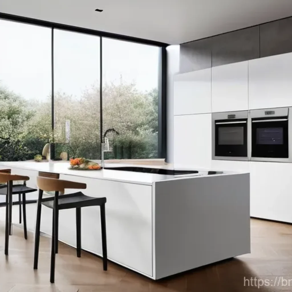 스마트 주방에서의 요리 레슨 - **A Modern Culinary Sanctuary:** A bright, minimalist smart kitchen bathed in soft, natural light. I...