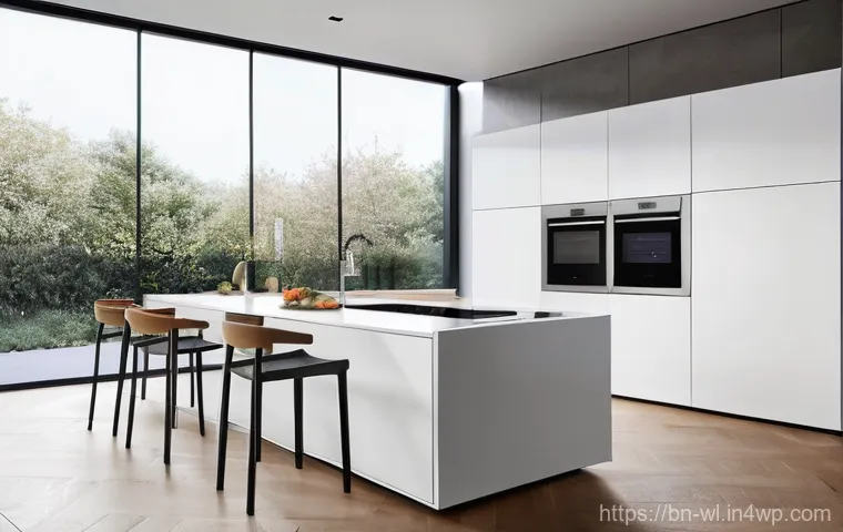 스마트 주방에서의 요리 레슨 - **A Modern Culinary Sanctuary:** A bright, minimalist smart kitchen bathed in soft, natural light. I...