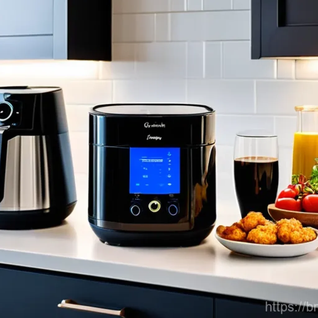 스마트 주방과 요리의 전문성 향상 - **Prompt:** "A brightly lit, modern kitchen featuring sleek, minimalist design. An adult, fully clot...