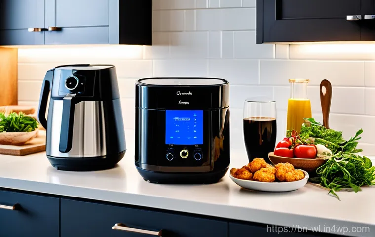스마트 주방과 요리의 전문성 향상 - **Prompt:** "A brightly lit, modern kitchen featuring sleek, minimalist design. An adult, fully clot...