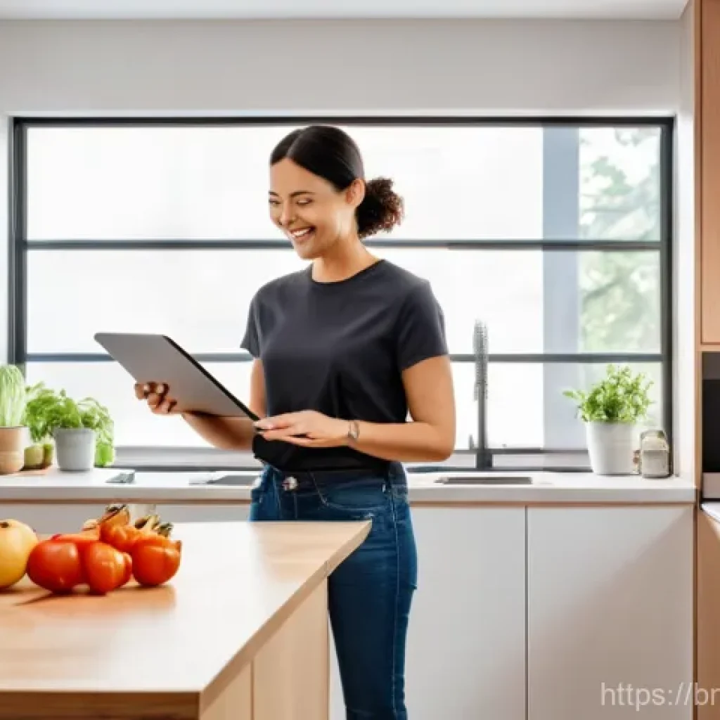 스마트 주방과 개인 레시피 북 - **Prompt:** A vibrant, modern smart kitchen during daytime. A woman in her late 30s, casually dresse...