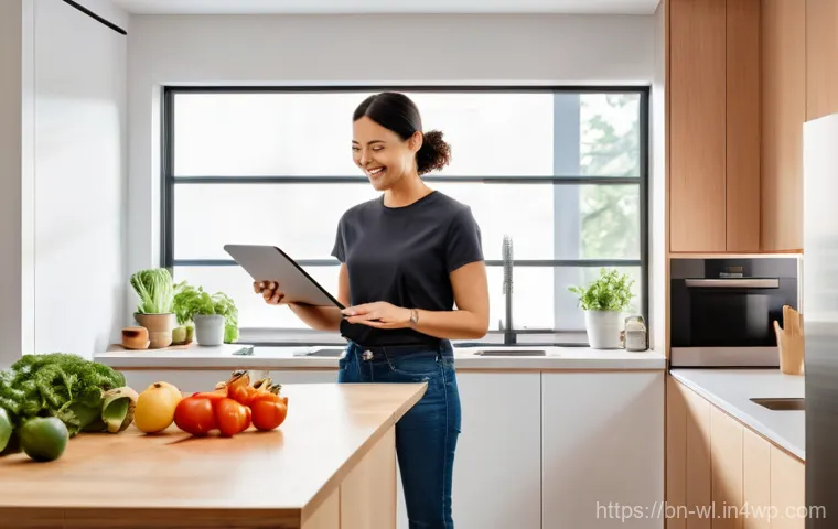 스마트 주방과 개인 레시피 북 - **Prompt:** A vibrant, modern smart kitchen during daytime. A woman in her late 30s, casually dresse...