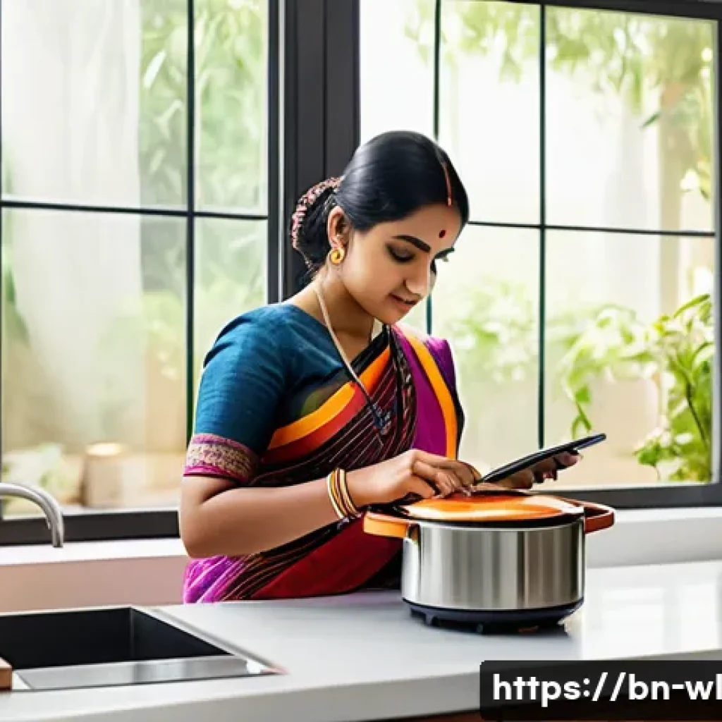 스마트 주방 혁신의 경쟁 분석 - A modern Bengali kitchen scene featuring a sleek smart oven with a touchscreen interface displaying ...