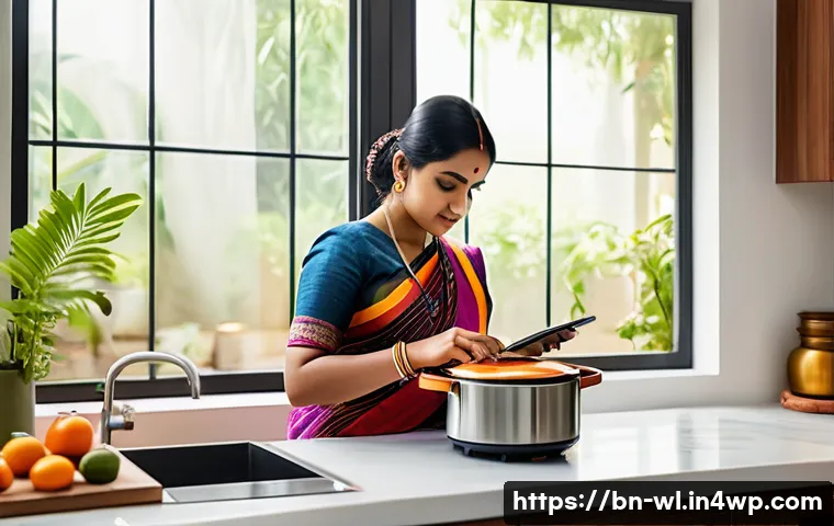 스마트 주방 혁신의 경쟁 분석 - A modern Bengali kitchen scene featuring a sleek smart oven with a touchscreen interface displaying ...