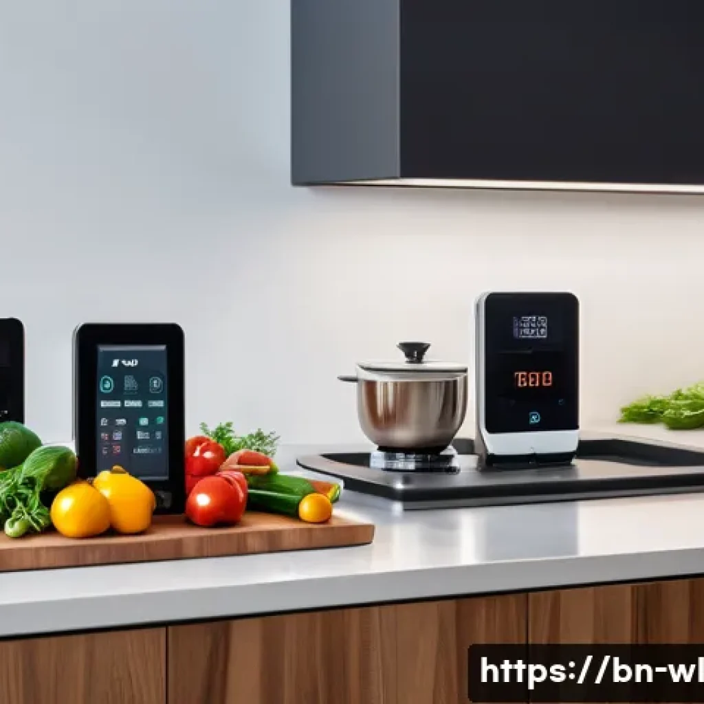 스마트 주방에서의 재료 조합 - A modern smart kitchen interior featuring sleek appliances with digital touchscreens displaying auto...