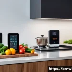 Home 21 스마트 주방에서의 재료 조합 - A modern smart kitchen interior featuring sleek appliances with digital touchscreens displaying auto...