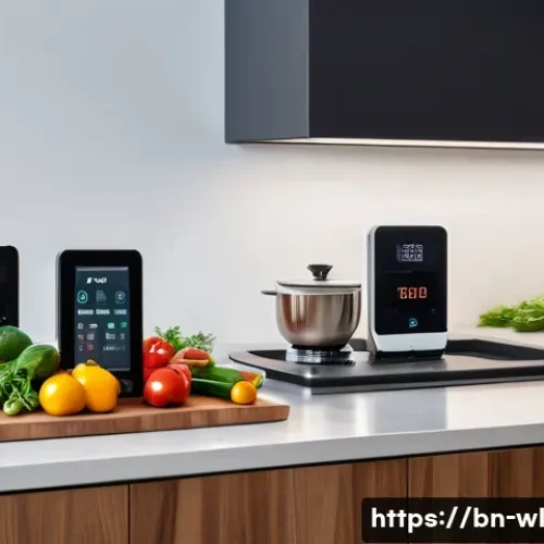 Home 33 스마트 주방에서의 재료 조합 - A modern smart kitchen interior featuring sleek appliances with digital touchscreens displaying auto...