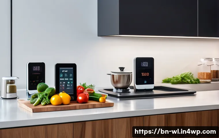 스마트 주방에서의 재료 조합 - A modern smart kitchen interior featuring sleek appliances with digital touchscreens displaying auto...