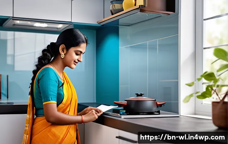 스마트 주방 기기의 안전 기준 - A modern Bengali kitchen featuring smart appliances such as a smart stove with automatic shutdown, a...