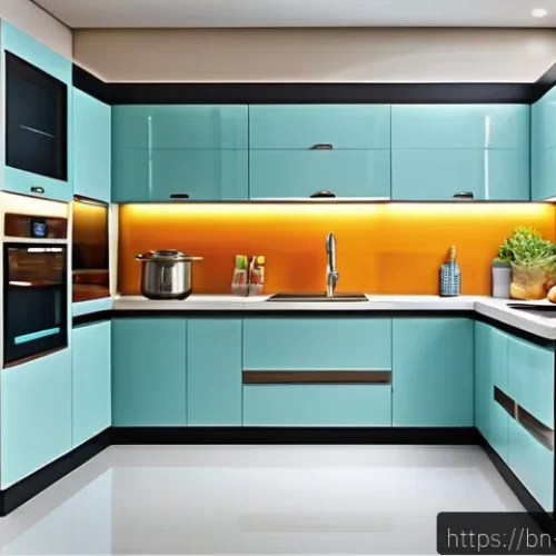 Home 31 스마트 주방의 음식 프레젠테이션 기술 - A modern Bengali kitchen interior featuring smart modular storage units with sleek, space-saving cab...