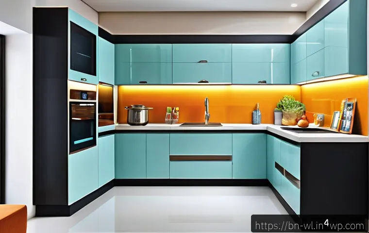 스마트 주방의 음식 프레젠테이션 기술 - A modern Bengali kitchen interior featuring smart modular storage units with sleek, space-saving cab...