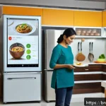 Home 18 스마트 주방 시스템 구축 방법 - A modern Bengali kitchen featuring a sleek smart refrigerator with a touchscreen interface displayin...