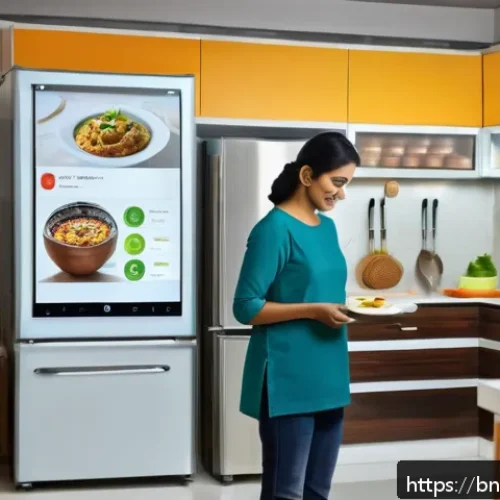 Home 30 스마트 주방 시스템 구축 방법 - A modern Bengali kitchen featuring a sleek smart refrigerator with a touchscreen interface displayin...
