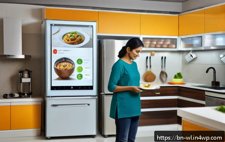 스마트 주방 시스템 구축 방법 - A modern Bengali kitchen featuring a sleek smart refrigerator with a touchscreen interface displayin...