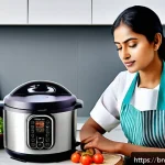 Home 23 요리 시간을 단축하는 스마트 기기 - A modern Bengali kitchen scene featuring a smart electric pressure cooker on a sleek countertop, ste...