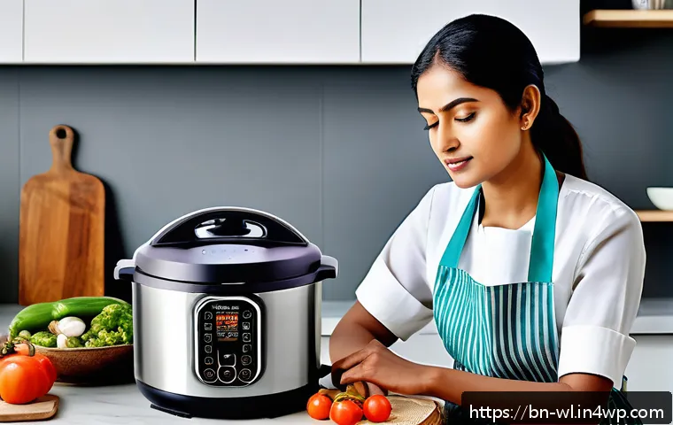 요리 시간을 단축하는 스마트 기기 - A modern Bengali kitchen scene featuring a smart electric pressure cooker on a sleek countertop, ste...